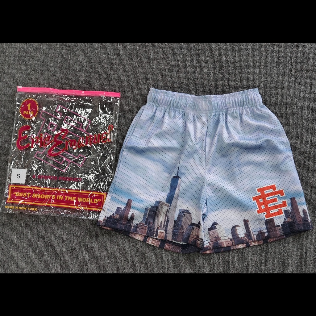 Eric Emanuel Light Blue Nyc Skyline Mesh Shorts With Orange Ee Patch